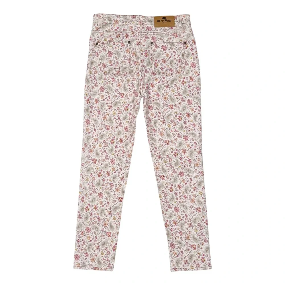 Etro Milano Womens Paisley Floral Print‎ Straight Leg Jeans White Pink Size 29